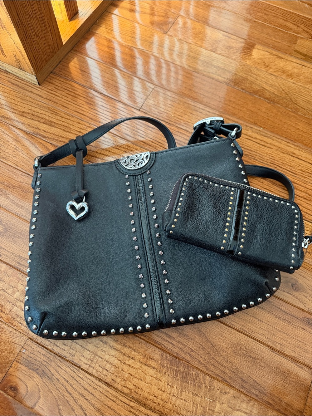 Brighton vintage Black Studded Leather Shoulder Bag with Matching Wallet